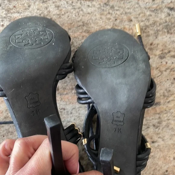 Tory Burch 4 inch Black strappy sexy high heels with gold accents ! Worn once. - Picture 7 of 9